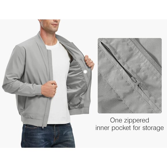🆕 Men Grey Lightweight Bomber Jacket Casual Windbreaker Flight Golf Spring Coat - Picture 4 of 7